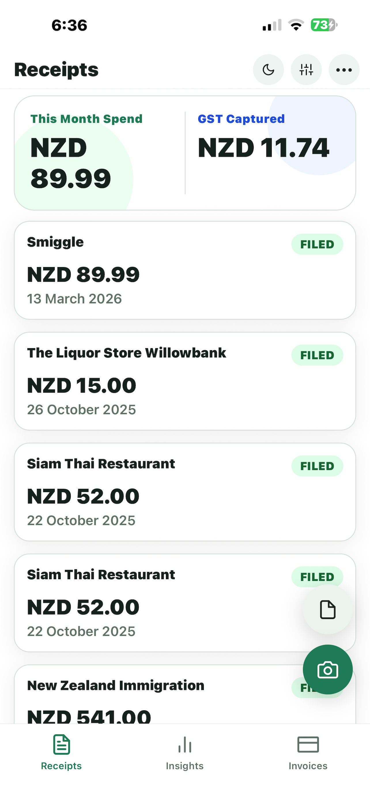 Ledge receipts screen showing monthly spend, GST captured, and filed receipt cards.